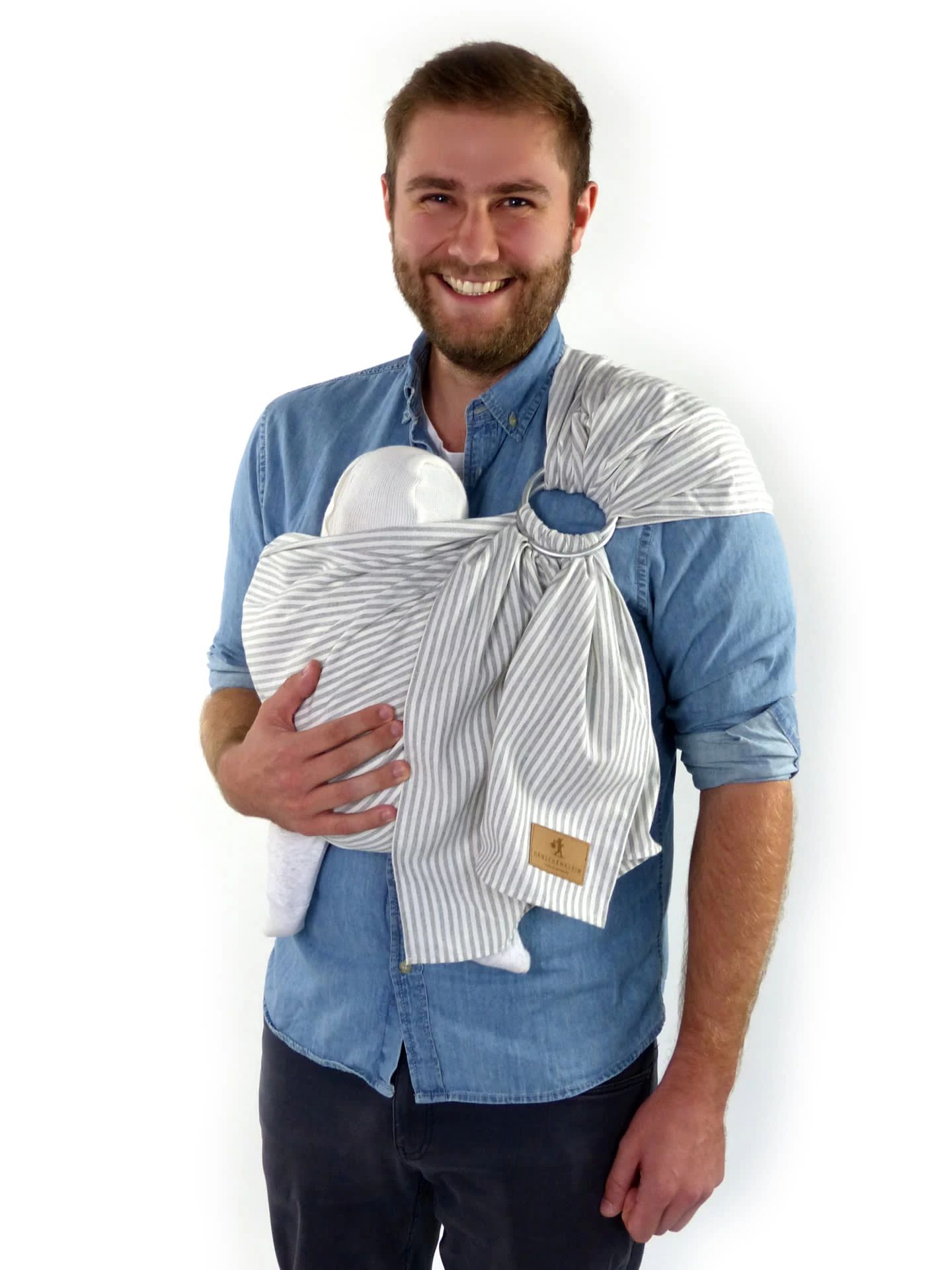 Ring Sling Tragetuch "DOVE" Hellgrau/ Naturweiß Gestreift Mit Silbernen Ringen 1 Ring Sling Tragetuch "DOVE" Hellgrau/ Naturweiß Gestreift Mit Silbernen Ringen