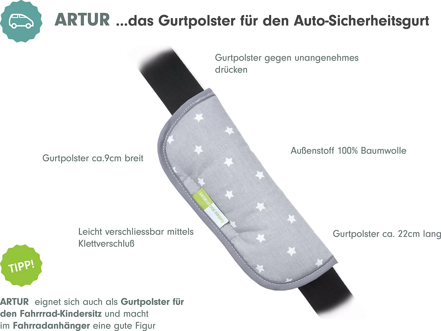 ARTUR Gurtpolster Für Autogurte - Stars, Grau 2 ARTUR Gurtpolster Für Autogurte - Stars, Grau – Bild 2