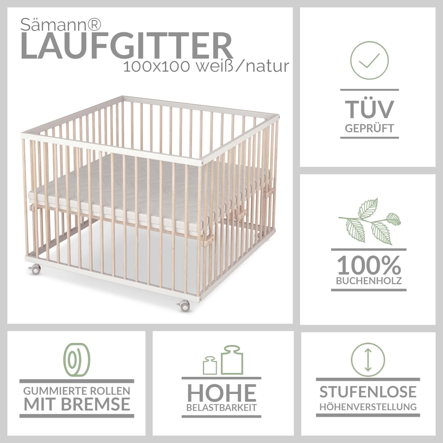 Laufgitter Mit Matratze In Weiß/natur - 100x100 Cm 2 Laufgitter Mit Matratze In Weiß/natur - 100x100 Cm – Bild 2